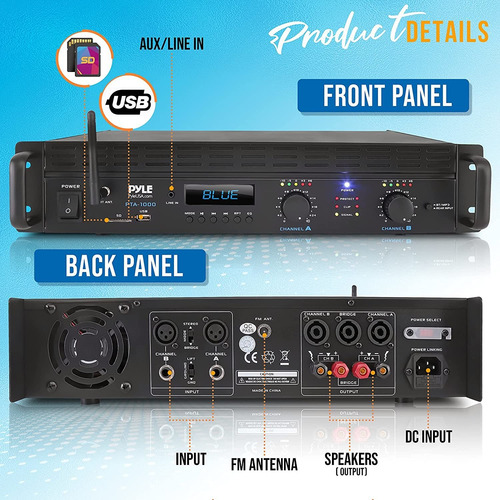 Amplificador Pyle, Bluetooth, 2 Canales, 2000w Pro