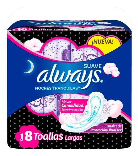 Toallitas femeninas Always Suave Noches Tranquilas Nuevo Diseño con alas 8 u