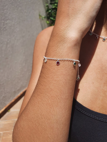 Pulseira Ponto De Luz Feminina Zirconia Colorida Prata 925 Comprimento 18 Cm Cor Prateado