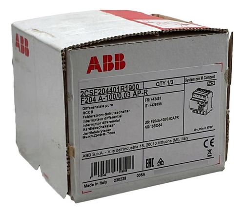 Disjuntor Diferencial Residual Abb F204 A-100/0.03 Ap-r