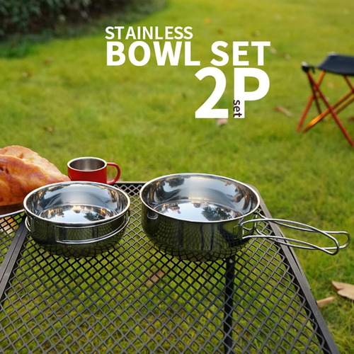 2 Pc Camping Titanium Bowl Set Con Manija Plegable Picnic Ou