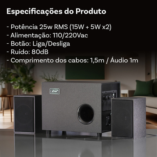 Home Theater Caixa de Som 2 1 para Tv Smart Pc Gamer Notebook Celular com Subwoofer P2 Rca 25w Bluetooth Knup 127/220V
