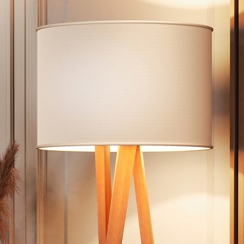 Luminária Tripé Moderna Ibiza Sala Leitura Luxo Com Cupula E Pés Em Madeira Maciça Premium Cor Off White