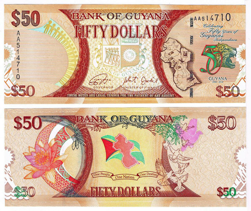 Billete De Guyana $ 50 Dólares Emitido 2016
