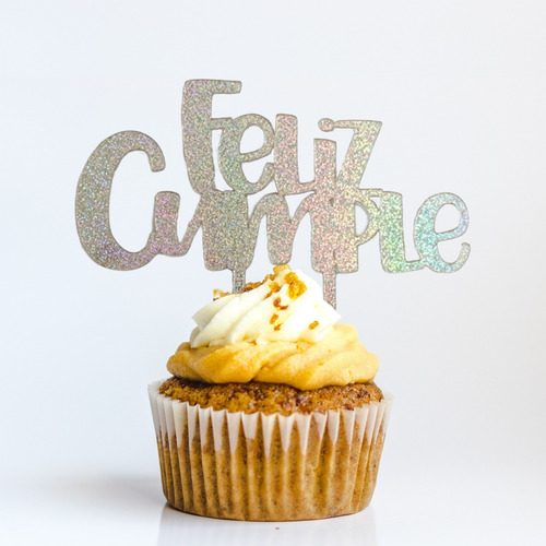 Cake Topper Feliz Cumple Acrílico Vinil Glitter Plata 17x10 Plateado