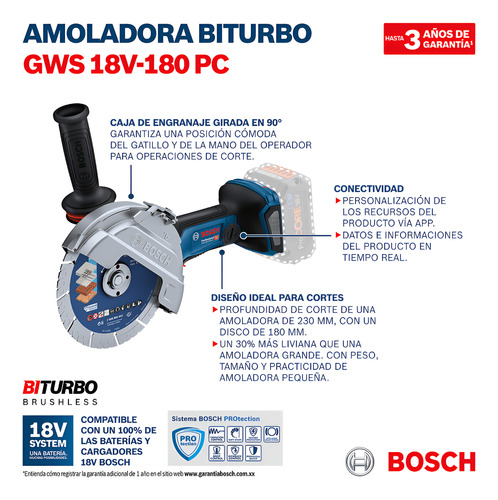 Esmeril Angular 18v Bosch Gws 18v-180 Sin Batería