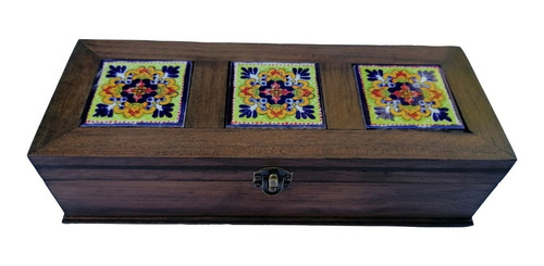 Caja Alhajero Joyero Adorno Hogar De Madera 3 Azulejo