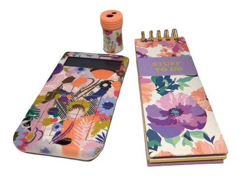 Imagen 3 de 10 de Kit De Oficina Calculadora Libreta Y Sacapuntas Flores Bello