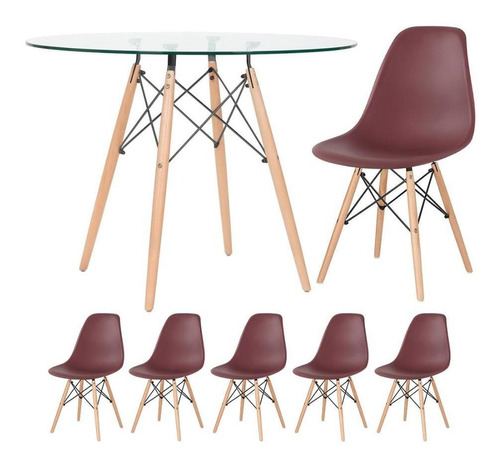 Kit - Mesa Eames Tampo Vidro 100 Cm + 5 Cadeiras Eiffel Dsw Cor Marrom