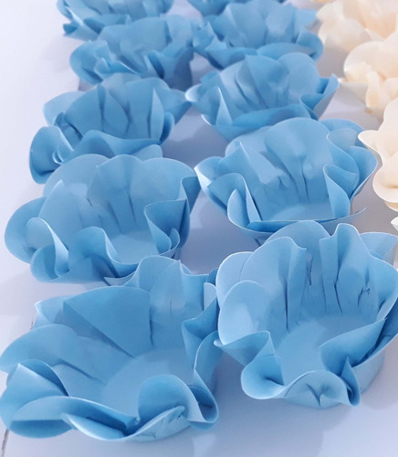 50 Forminhas Doces Finos Modelo Flor Papel Azul Bebê