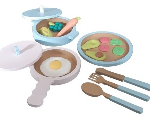 Set Plato Olla Sarten, Cubiertos Juguetes Madera Montessori 