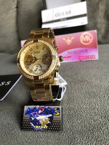 Relogio Guess W0774l5 Dourado Strass Original Completo Caixa