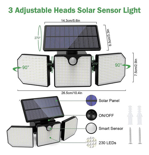 Luz Solar Externa Led 230 Com 3 Cabeças Ip65 À Prova D'água