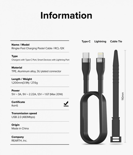 Cable Ringke Original Pastel Cable Usb C Para iPhone Pd 3.0 Negro