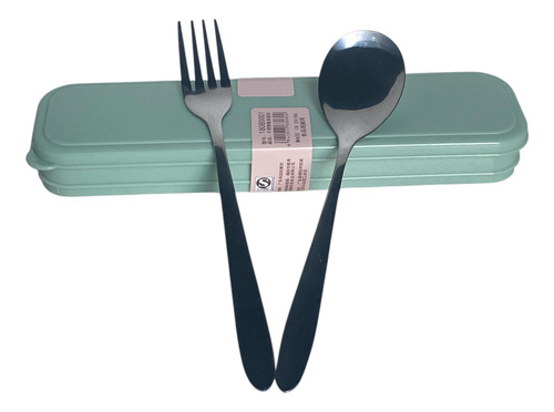 2 Set Cubiertos + Porta Cubierto Tenedor Cuchara Acero Inox Verde Claro