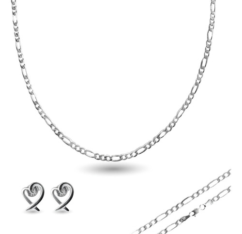 Set Joyeria Cadena Collar Dije Plata Fina 925 Tejido Eslabon 3 X 1 Calibre 40 Y 45 Cm Con Aretes De Regalo Forma Corazon Delineado Para Mujer Moda Modernos Minimalistas Ideal Para Regalar Aniversario
