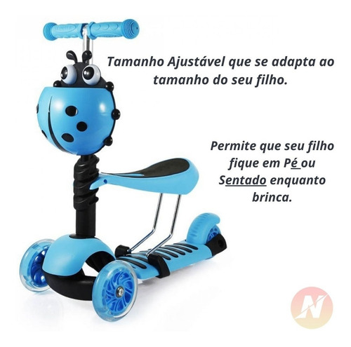 Imagem 6 de 7 de Patinete Infantil 3 Rodas 2 Em 1 Com Luz Para Criança - Azul