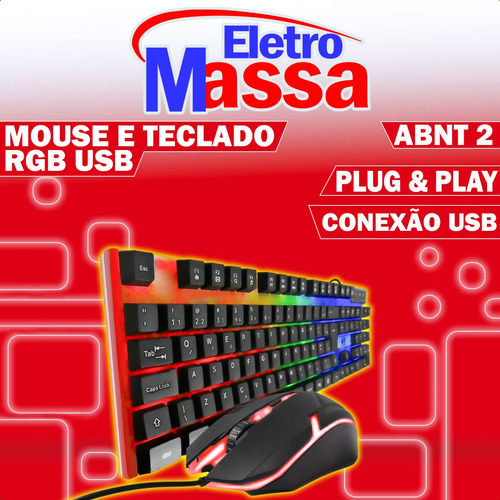 Kit Teclado Led Rgb Com Mouse Usb Com Fio Teclas Macias