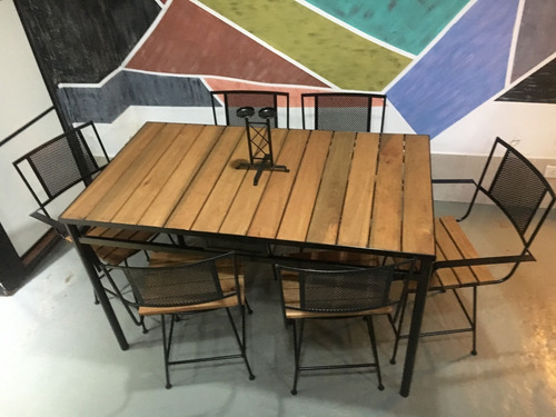 Mesa Hierro Forjado Madera 140x70 4 Sillas + 2 Sillones Deck