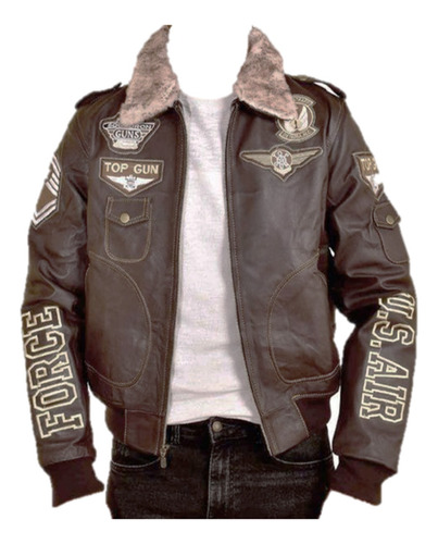 Chamarra Hombre Aviador Piel Genuina Top Gun Bordado