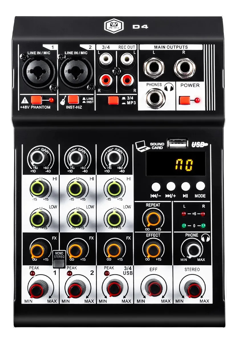 Consola Analógica WinMix D4 de 4 Canales con Bluetooth, USB y Phantom Power