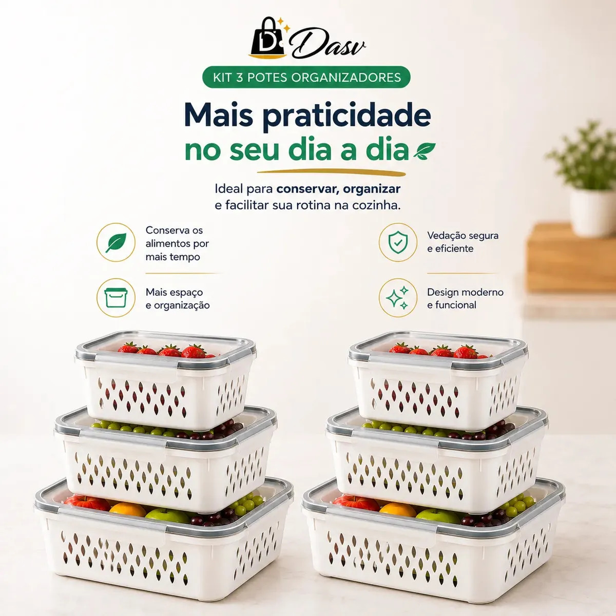 Kit 6 Organizadores Geladeira com  Tampas