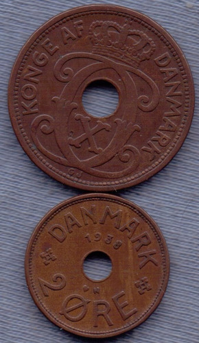 Imagen 1 de 3 de Dinamarca 1928 - 1938 * Christian X * 2 Monedas * Orificio *