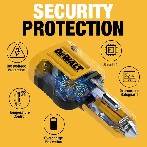 Cargador de coche DeWalt DXMA1410484 USB-C superrápido, negro y amarillo, compatible con Android, iPhone, ordenadores portátiles, MacBook Pro, tabletas