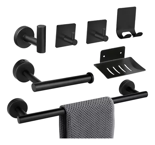  MengxFly Juego de accesorios de baño de 7 piezas, accesorios de baño  negro mate, juego de toalleros cuadrados negros, toalleros para baño con  toallero montado en la pared, acero inoxidable de