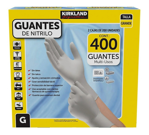 Guantes descartables antideslizantes Kirkland Signature Exam color gris esterlina talle G de nitrilo x 200 unidades