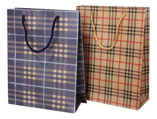 Imagem 2 de 3 de Sacolas Para Presentes Decoradas Kraft Xadrez Com 12