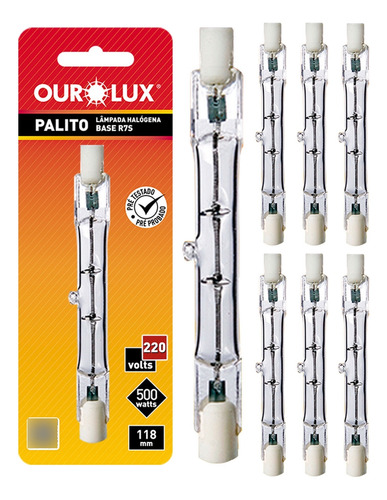 Kit 10 Lâmpada Halogena Palito R7s 500w 220v Ourolux Cor da luz Branco Quente | 2800K