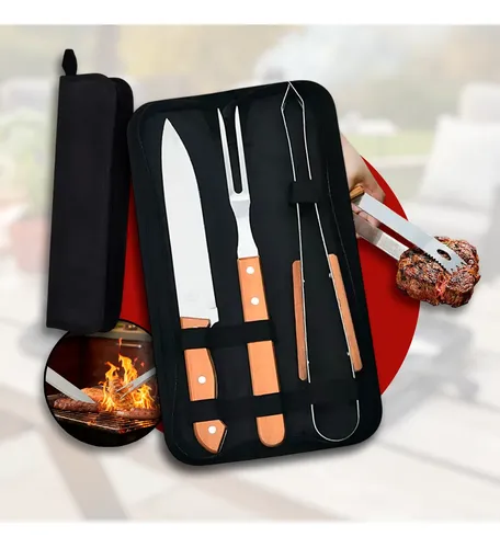 Kit Churrasco Faca Utensílios Inox Churrasqueiro + Bolsa