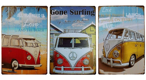 Painel 3 Placas De Metal Retrô Perua Kombi Antigo Vintage