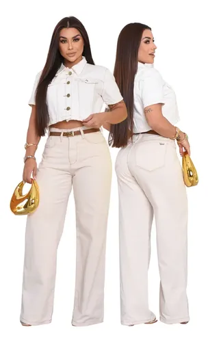 Calça Wide Leg Off White Feminina Elegante Com Jeans Premium — foto 2