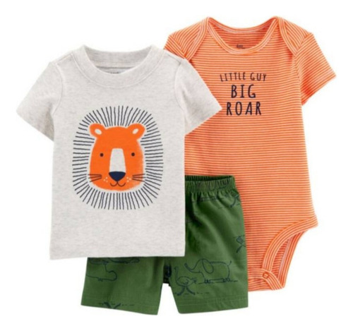 Conjunto 3 Piezas Body Short Y Polera León Bebé Niño