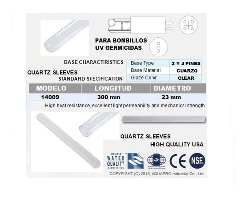 Funda Manga De Cuarzo De 300 Mm Para Bombillos Uv Osmosis Fr