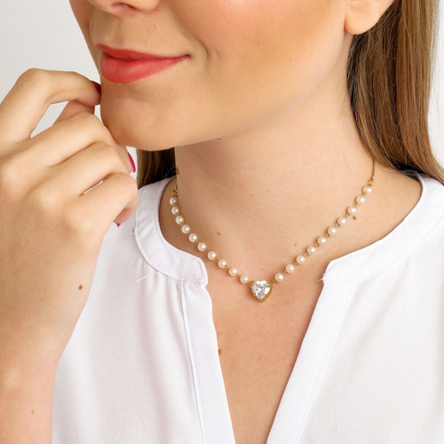 Colar Pérolas Verdadeiras Feminino Gargantilha Pingente Ouro Cor Dourado