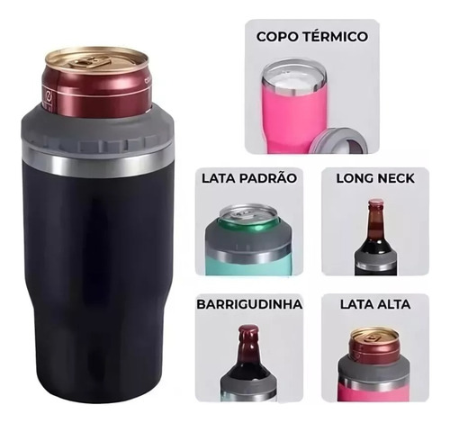 Copo Térmico 420ml Suporte Long Neck Latinha Latão E Abridor Preto Vermelho Azul Verde Lisa