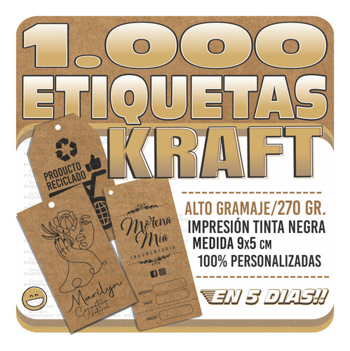  1.000 Etiquetas Kraft Madera Personalizadas Colgantes Tags 