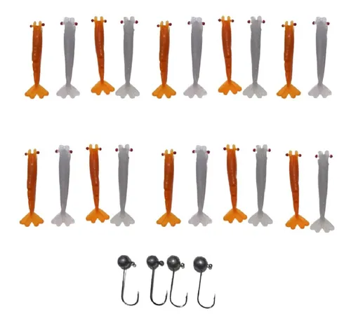 Kit Com 20 Camarão Artificial E 4 Jig Head Isca Robalo Iscas