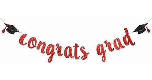 Congrats Grad Banner Red Glitter - Decoraciones De Fiesta De