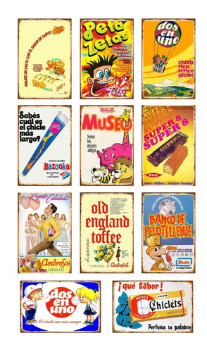 Pack 11 Carteles Metalicos Publicidad Retro Dulces 20x30 Cms