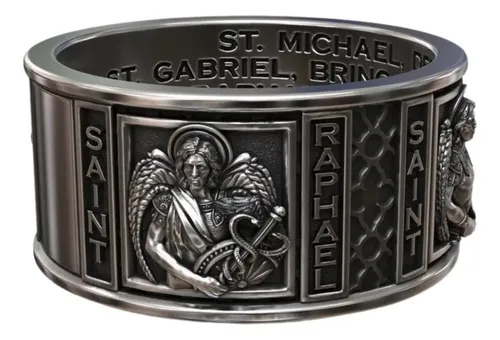 Flongo Anillo San Miguel Hombre - Acero Inoxidable Con Amuleto Religioso, Oro Y Plata, Tallas 17 A 30 (US 9 Equivalente EU 20)