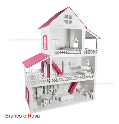 Casa Para Boneca Polly Pintado 31 Moveis Branco 59x47x21 Mdf