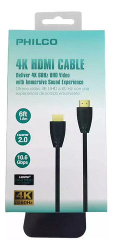 Cable Hdmi 1.8 Metros 2.0 Philco Fwv1436bn Ultra Hd 4k 60hz Alta Velocidad 10.6gbps Arc 3d Para Tv Monitor Proyector Consola
