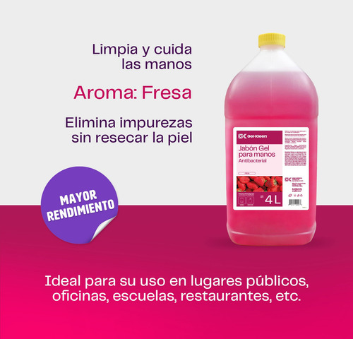 Gel Kleen. Jabón Líquido Antibacterial. Fresa. 4 Litros