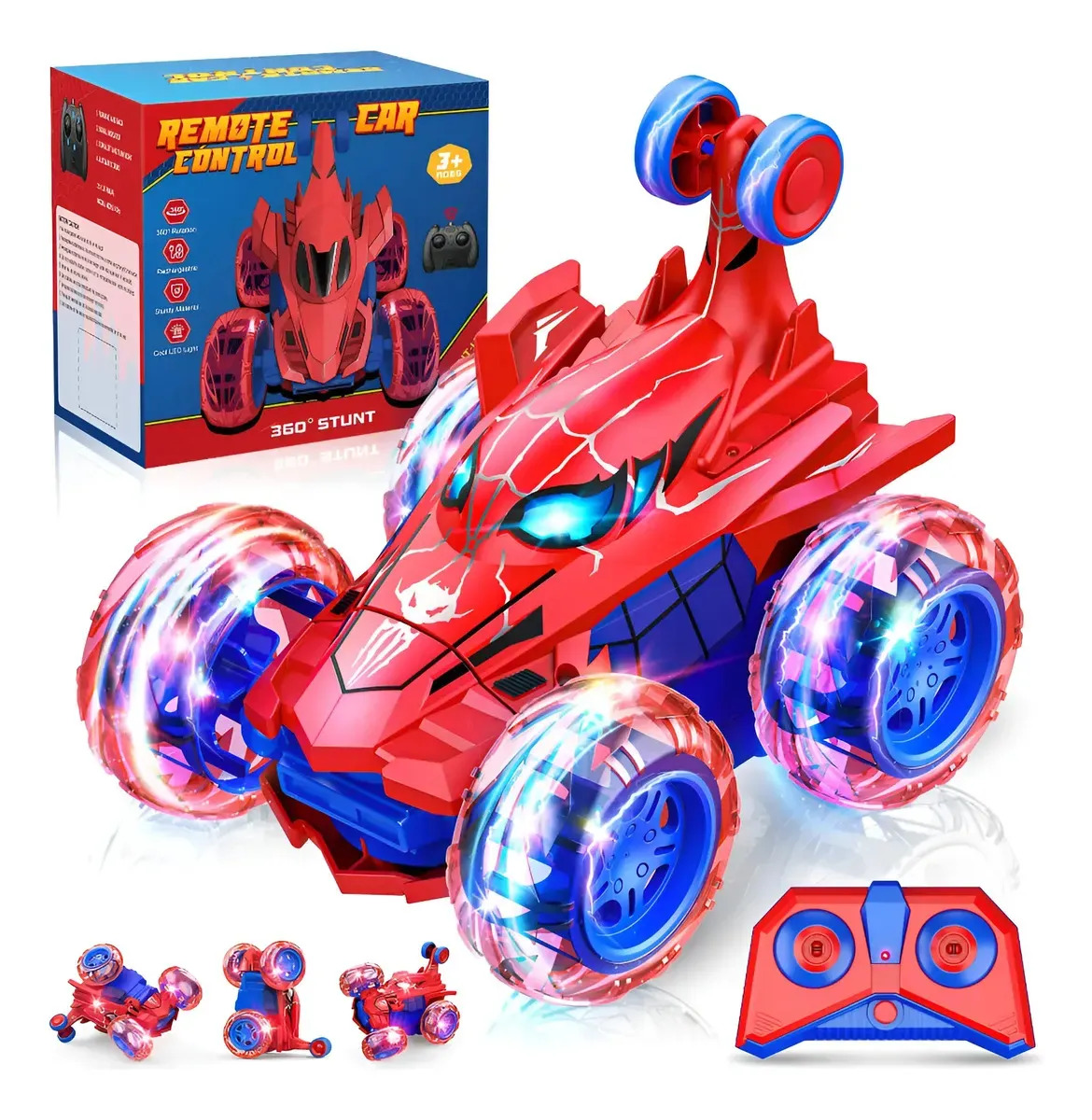 Carrinho Recarregável Controle Remoto Acrobata Gira 360 Graus Aranha Spider Azul Vermelho Com Luzes Color Efeitos Especiai Colorido Brinquedo Encantado Infantil Menina Kizumba