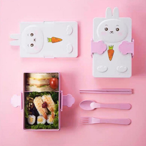 Vianda Infantil Lunchera Hermética Con Cubiertos Chufi Bebés Blanco Y Rosa Conejo
