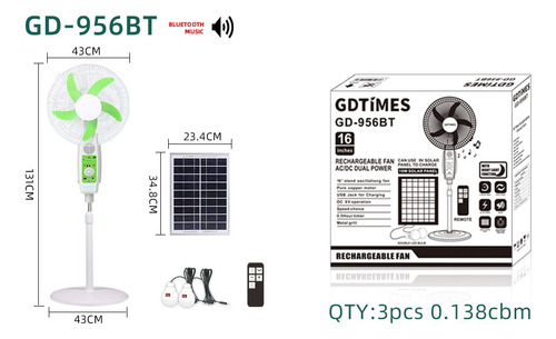Ventilador De Piso Solar Recargable De Batería Silencioso 16 Pulgadas Con Luz Led Y Control Remoto,9 Velocidades Ajustables, 180° Giratorio